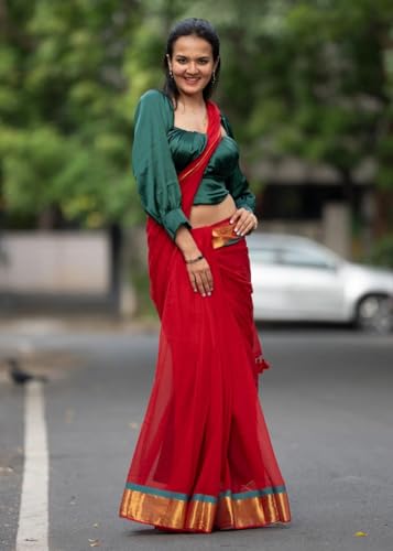 Image of Sudip callection Handloom Mul Cotton Saree for Women - Bottle Green with Pink Border Golden Zari Line & Tassel Pallu