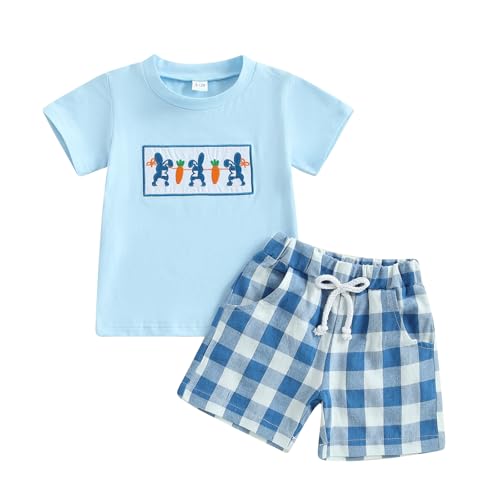 Image of Toddler Baby Boy Easter Rabbit Outfit Short Sleeve Bunny Carrot Smocked T-shirt Elastic Waist Shorts Summer Clothes