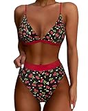 SUUKSESS Women High Waisted High Cut Bikini Sets Sexy Triangle Two Piece Swimsuits Push Up Bathing Suits (Black Cherry, M)