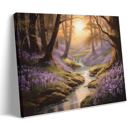 Décoration murale salon fleurs violettes et tableau coucher de soleil encadré 60x90