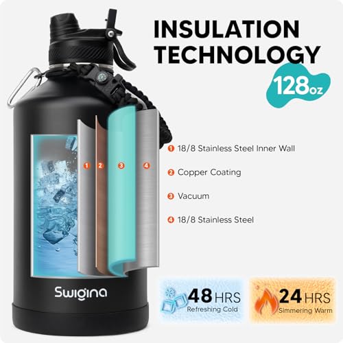 Image of Swigina 1 Gallon Insulated Water Bottle with Silicone Boot (48hrs Cold /24hrs Hot) - DIY Stickers, Leakproof, BPA Free, 128 oz [2-IN-1 LID]