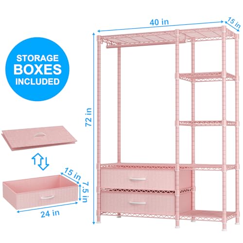 Ulif F3 Heavy Duty Clothes Rack(With Fabric Drawers)Freestanding Clothing Racks for Hanging Clothes,Adjustable Closet Organizer System,Portable Garment Rack 40\" W x 15\" D x 72\" H,Max Load 700LBS,Pink