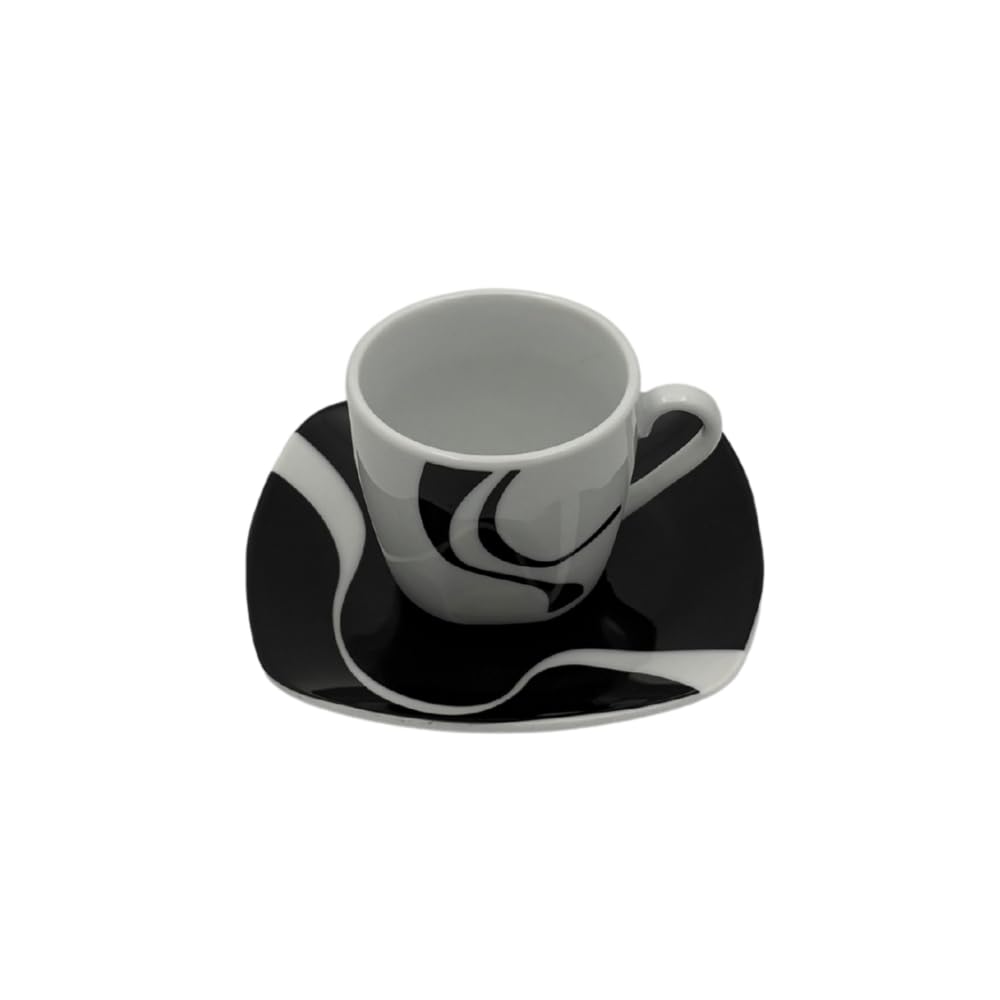 Kyo Nero – Set 12 Pezzi: 6 Tazzine da caffè in Porcellana Lucida con 6 Piattini Ø12 cm, Design Moderno Bianco e Nero, Lavastoviglie e Microonde, Coordinato con Servizio Piatti e Bicchieri