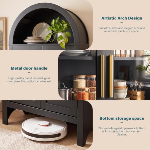 Image of Arched Storage Cabinet with 2 Doors and 5-Tier Shelves for Living Room, 71 inch Tall Wooden Pantry Cabinet for Dining Room and Kitchen, Floor Bathroom Organizer, Black