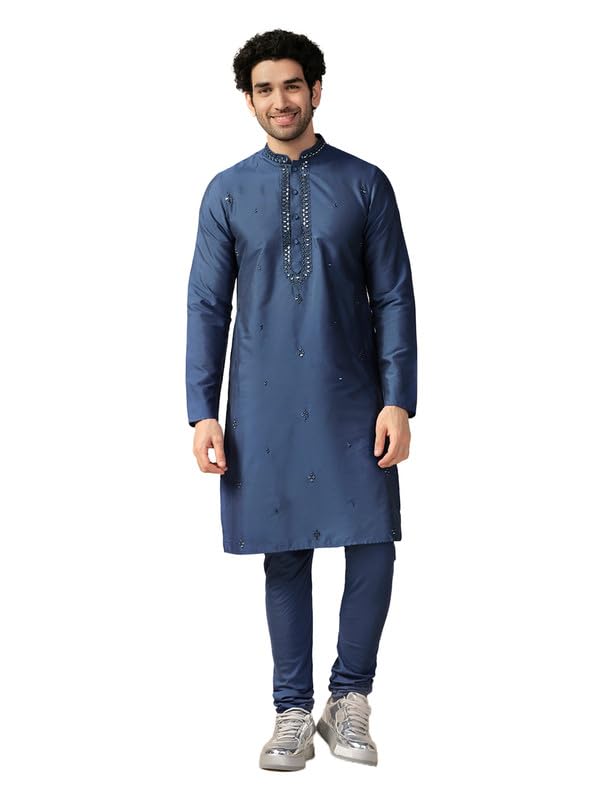 kisah Men's Kurta Churidar Set, Blue Cotton Blend, Embellished Regular Fit Mandarin Collar Long Sleeves (40)-picture-24