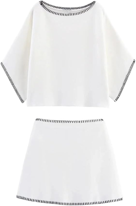 Women's Elegant Embroidery Short Set Patchwork Half Sleeve Top Mini Skirt