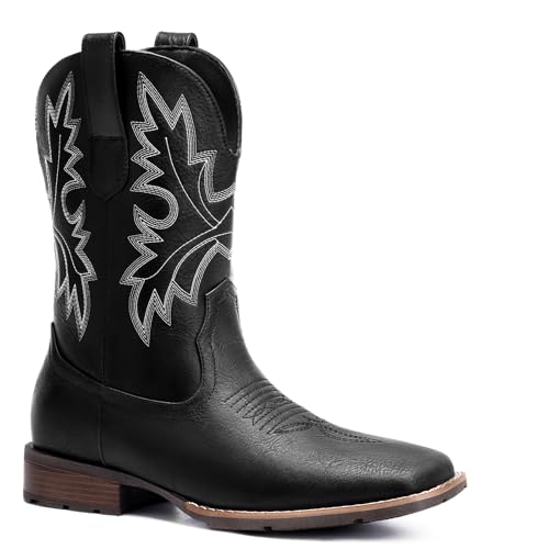 Lumeheel Cowboy Boots for Men - Western Men's Boots with Classic Embroidered, Slip on Square Toe Country Boots with Chunky Heel, Durable Short Ankle Boots for Spring Fall, Black White, Size 8 by Lumeheel - Used condition - US$43.71