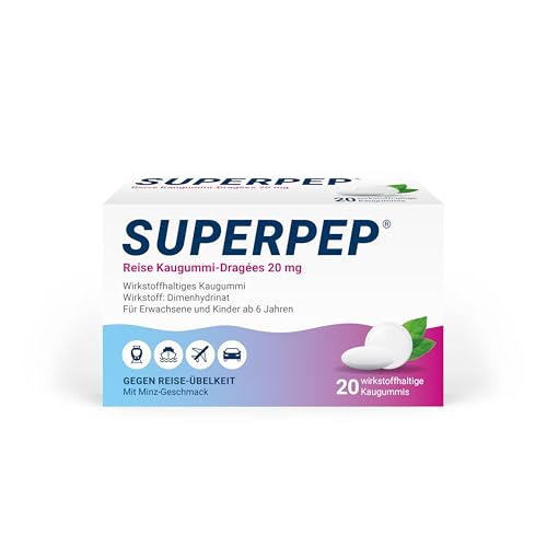 SUPERPEP Reise Kaugummi Dragees - Gegen Reiseübelkeit und Motion Sickness ohne Schläfrigkeit - Für Erwachsene und Kinder ab 6 Jahren - 20 Stück