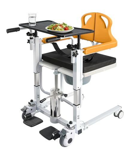 Image of Patient Lift Transfer Chair, 6 in 1 Patient Lift Chair with 180Split Seat for Home, Height Adjustable Portable Lift Nursing Chair with 4 Casters, Commode & Seat Cushion for Seniors Elderly, Orange
