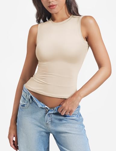 Image of YEOREO Women Basic Mock Neck Workout Crop Top Sleeveless Double Lined Tank Tee Slim Fitted Ruched Going Out Camisole