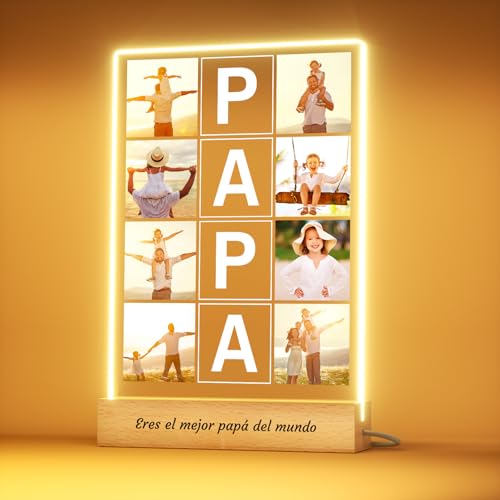 CustomKing Lámpara Personalizada PAPÁ con Fotos - Regalo Día del Padre Original, Marco Día del Padre de Acrílico con Luz LED, Regalo Personalizado para Papá en Cumpleaños y Navidad