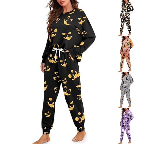 HUIFUAO - Disfraz de Halloween para mujer, conjunto de pijama divertido de calabaza y fantasma, conjunto de pijama de 2 piezas, pijama de manga larga y pantalones, ropa de dormir, Z02 Morado, XXL