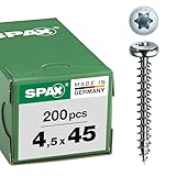 SPAX T-STAR plus, Tornillo universal 4,5 x 45 mm, 200 Unidades, Cabeza redonda, rosca completa, galvanizado claro, 4CUT, WIROX A9J, 0201010450453