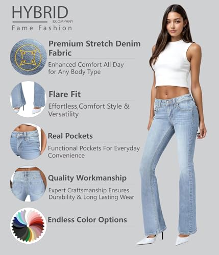 Hybrid & Company Women's Flare Mid Rise Jeans Trendy Stretchy Denim Pants with Pockets2