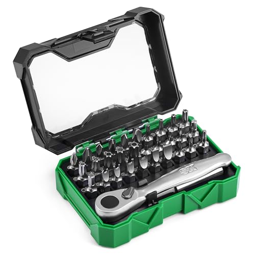 SK 1/4” Drive Mini Screwdriver Bit Set with 72-Tooth Reversible Ratchet, 32-Piece, S2 Steel Bits, with 2” Extension Bar, Organized in Storage Case