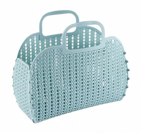 Plus Nao(プラスナオ) かごバッグ バスケット プラスチック メッシュ 折りたたみ 軽量 コンパクト 小物収納 お風呂 銭湯 温泉 スパ 手提げ - ブルー
