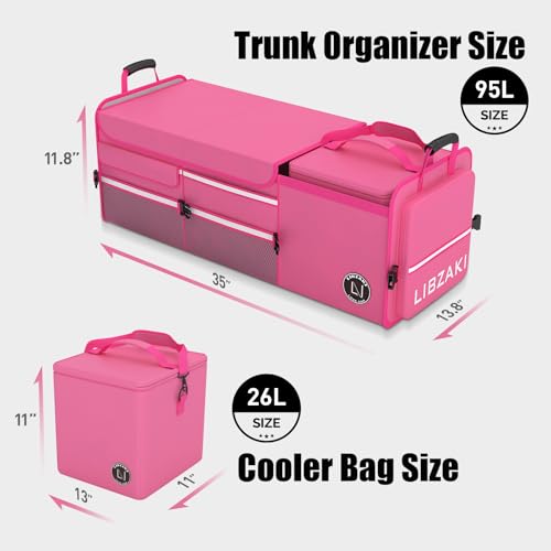 Image of LIBZAKI Oversize 4 in 1 Car Trunk Storage Organizer, Multi Compartment Collapsible Trunk Storage Box with Cooler Bag for Car Truck SUV-Rose red