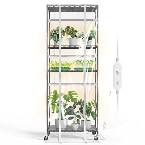 Bstrip Indoor Greenhouse with Grow Light, 23.5"x13.8"x59" Portable Metal Greenhouse Shelves with T8 2FT Full Spectrum Grow Light & Timer, Adjustable Plant Stand for Indoor Plant, Spring Seed Starting