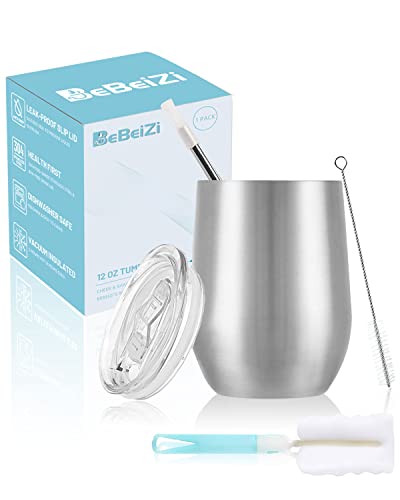 BeBeiZi Tazza da vino in acciaio inox, 350 ml, con coperchio e cannuccia, isolata sottovuoto, per cocktail, caffè, regalo di nozze, compleanno e donne, fai da te