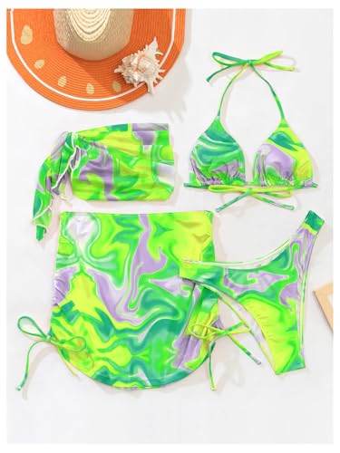 Image of RoseSeek Women's 4 Piece Polka Dots Bathing Suits Cover Up Skirt & Bandana | Halter Bikini Sets, Sexy Bathing Suit, Beach Skirt, Leopard, Paisley, Tropical, Summer