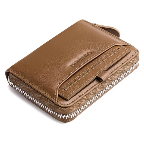 Men's Genuine Leather Short Zip-around Bifold Wallet,Leather Wallet for Men (Khaki)