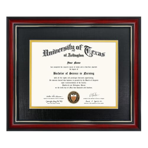 GraduationMall 7x9 Diploma Frame with Black over Gold Mat or Display 10x12 Certificate without Mat,Solid Wood & Tempered Glass,Cherry Finish with Gold Trim