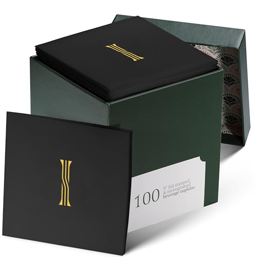 100 Pack Disposable Monogrammed Cocktail Napkins Black, 5"x5" Linen-Feel Gold Foil Letter I Paper Napkins, Initial White Beverage Napkins For Wedding, Party, Bar Or Holiday