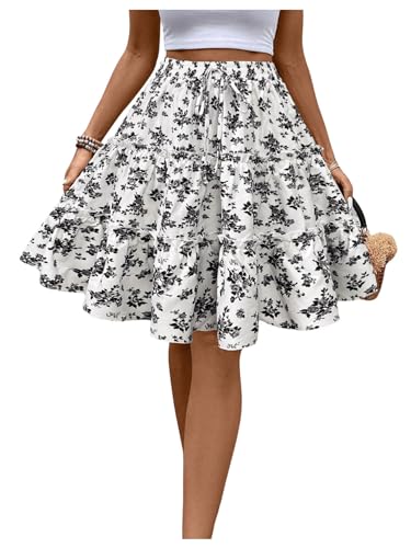 Floerns Women's Floral High Waist Drawstring Ruffled Layer Flared Hem Short Skirts