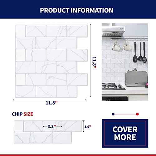 Art3Dwallpanels 10-Sheet White Marble Design Peel And Stick Backsplash, 12"X12" Stick On Backsplash Tile For Kitchen Peel And Stick, Waterproof Pvc Wall Tiles #TOP3