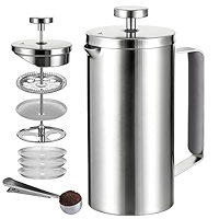 Echtwerk French Press van roestvrij staal, dubbelwandig geïsoleerde thermokoffiepers, koffiemaker met persfilter voor thuis, camping en kantoor, 800 ml, Silver Edition