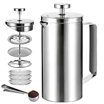 Wrobic Cafetiere French Press Coffee Maker 600ml/20oz, 304 Double-Wall Insulated Stainless Steel, 3-Level Filtration System, Silicone Handle, Silver Matte, 2-4 Cup, for Home Camping Office