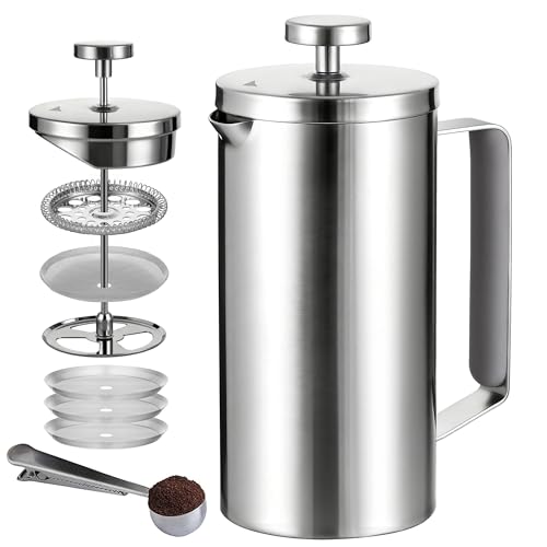 Wrobic Cafetiere - Cafetera de prensa francesa de 600 ml, acero inoxidable aislado de doble pared, sistema de filtración de 3 niveles, prensa francesa para el hogar, camping y oficina, (2 tazas a 4