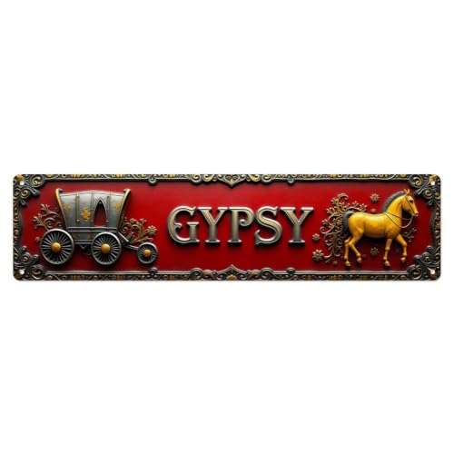 Image of Red Gold Gypsy Wagon Horse Long Wall Plaque Vintage Aluminium Metal Sign, Retro Wall Decor for Home, Bar, Garage & Farmhouse 10 * 40cm