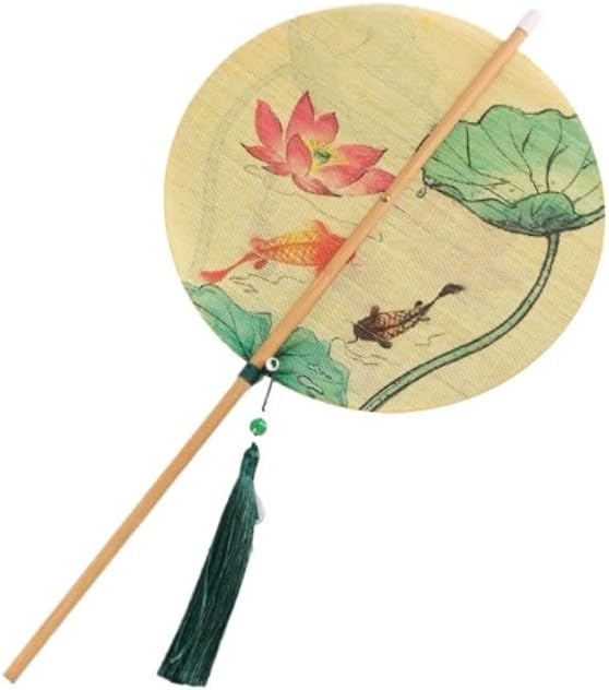 Handwoven Round Fan with Fish Pattern Long Handle Ancient Chinese Palace for Dance Decor