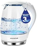Aigostar Hervidor Agua Electrico Blanco 1,7 Litros - Hervido Rápido Electric Kettle 2200W, Iluminación LED, Vidrio de Borosilicato, Libre de BPA, Filtro Anti-Cal, Apagado Automático