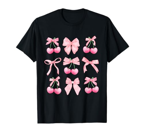 Coquette Aesthetic Pink Bow and Cherry Girls Kids Camiseta