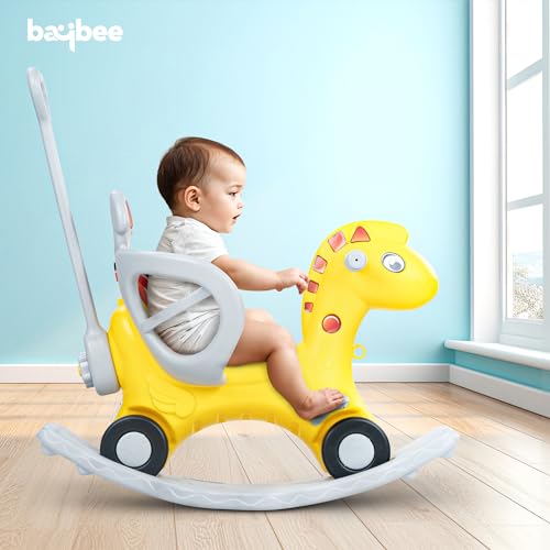 Image of 3 in 1 Baby Rocking Horse Ride On Car for Kids | Baby Rocking Chair with Parental Handle, Balance Board, Safety Guardrail & Belt | Push Ride On Toy Car for Kids 1-3 Years (Yellow)
