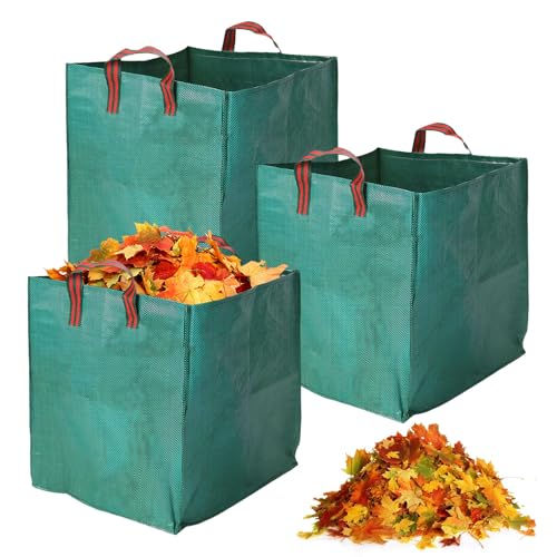3 x 125L Sac Jardin Déchets Verts Résistant, Grand Sac de Rangement Carré en Polypropylène Réutilisable pour Feuilles, Branches, Herbe et Déchets Ménagers (Vert)