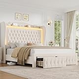 Queen Bed Frame 55' Tall Headboard with LED Lights, Buttons Tufted Velvet Upholstered Platform Bed Frame with 2 Storage Drawers, Wood Slats Support Mattress Foundation, No Box Spring Needed, Beige