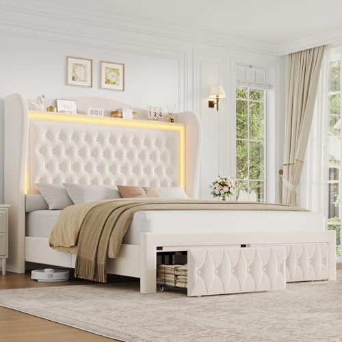 Base de cama tamaño Queen de 55 pulgadas de alto con luces LED, marco de cama tapizado de terciopelo con botones y 2 cajones de almacenamiento, base de colchón de soporte de listones de madera, no