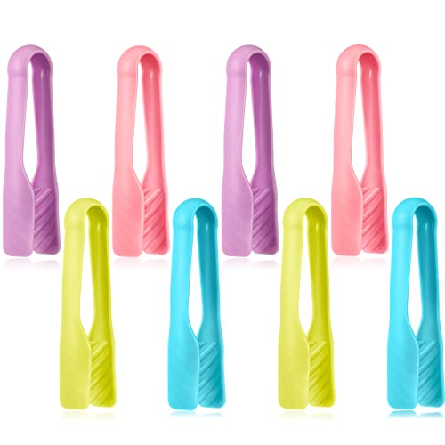 CHENGU 8 Pieces Multi Colored Set of Tongs Mini Plastic Cooking Tongs Tweezers Kids Adults for Serving, Baking, Grilling, Salad and More(6 Inch)