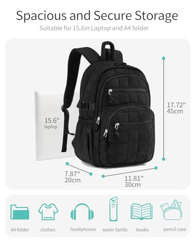 Image of Quilted Laptop Backpack for Women, College Bookbag with Tumbler Holder Pocket for Nurse Teacher Work Travel, Puffer School Backpack for Teen Girls Big Student, Black