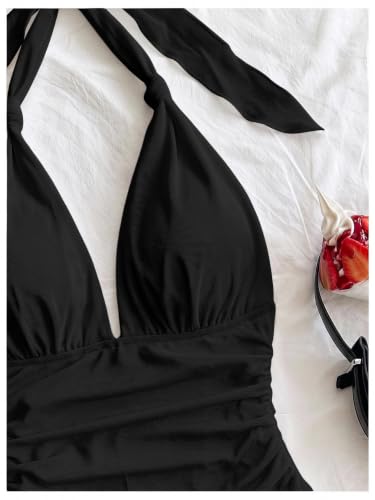 Image of SOLY HUX Women's Y2K Summer Beach Halter Mini Dress | Retro Floral Dress, V Neck, Backless, Club Nightout, Sexy Going Out Clothes, Birthday Dress
