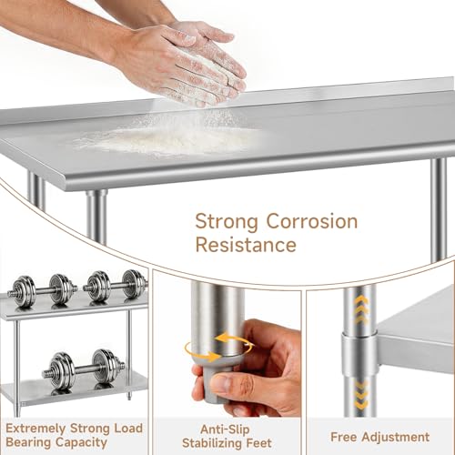 Image of ROCKPOINT All Stainless Steel Perp Table with Backsplash 24x36 Inch, Commercial Heavy Duty Table with Stainless Legs & Adjustable Undershelf, 750 lb Capacity for Restaurant,Home and Outdoor Kitchens