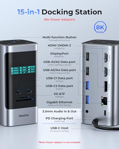 Image of RayCue 15 in 1 Laptop Docking Station 3 Monitors, Triple 8K Display with 3 HDMI, 6 USB Ports, 5 Shortcut Button, Gigabit Ethernet, PD3.0, Smart Display for Windows /Dell /Lenovo /HP...(No Power Adapter)