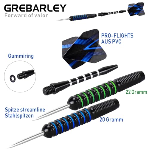 Grebarley Dartpfeile mit Metallspitze,12 Stück Profi Steeldarts 18 Aluminium Schaft mit 9 Flights 20 Orings
