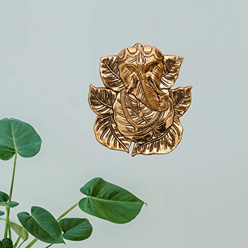 Image of Collectible India Ganesha Metal Wall Hanging Statue Idol Ganesh Gold Finish Sculpture - Fengshui Vastu Good Luck Diwali Decoration Item (Size 8.5 x 7.5 Inches)