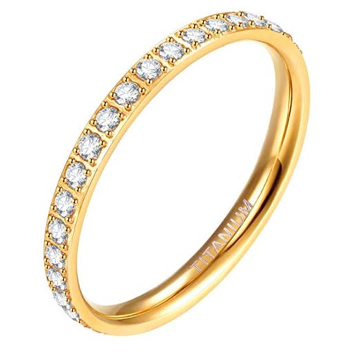 Zakk Eternity Ring 2mm Damen Ewigkeitsringe Titan Verlobungsringe Eheringe Trauringe Memoirering mit Zirkonia Silber Gold Rosegold（Gelbgold, 54 (17.2)）