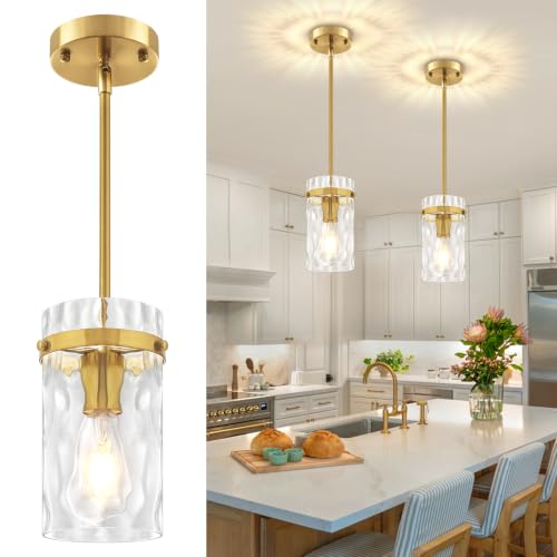 Brushed Gold Pendant Lights Kitchen Island 2 Pack, Hammered Glass Kitchen Pendant Lighting Over Island Adjustable Hanging Bathroom Light Fixtures Modern Pendant Light for Dining Room Hallway Foyer by ZSMIHDOH - Used condition - US$62.99