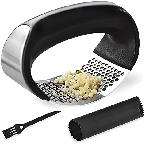 Cuisinly® - Garlic Press - Garlic Press Stainless Steel - Garlic Press Rocker - Garlic Chopper - Garlic Crusher - Garlic Mincer - With Free Silicone Garlic Peeler and Cleaning Brush